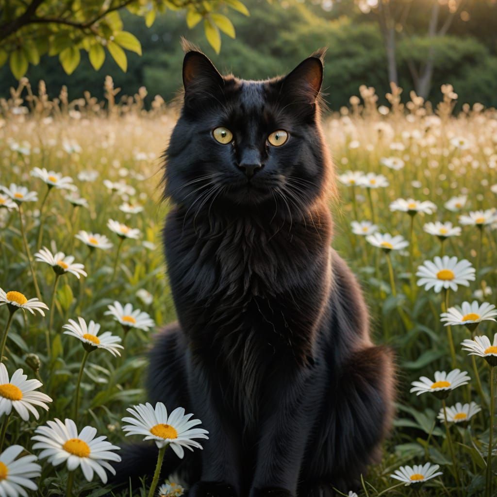 Sleek Black Cat Surrounded by Vibrant Daisies in a Serene Fi...