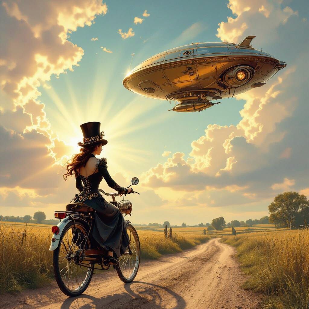 Steampunk Lady on Bicycle with Spaceship Overhead