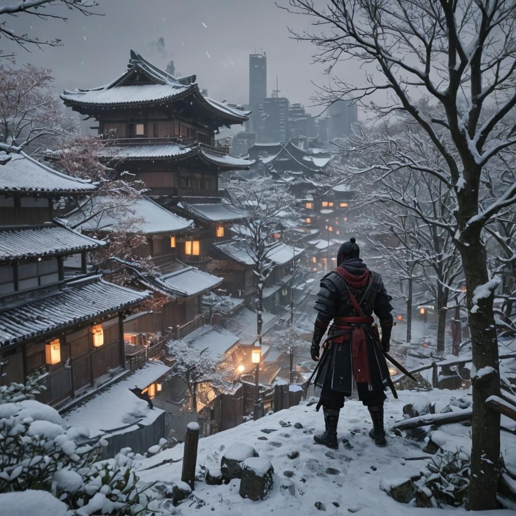 Cyberpunk Ninja in Feudal Japan Cityscape