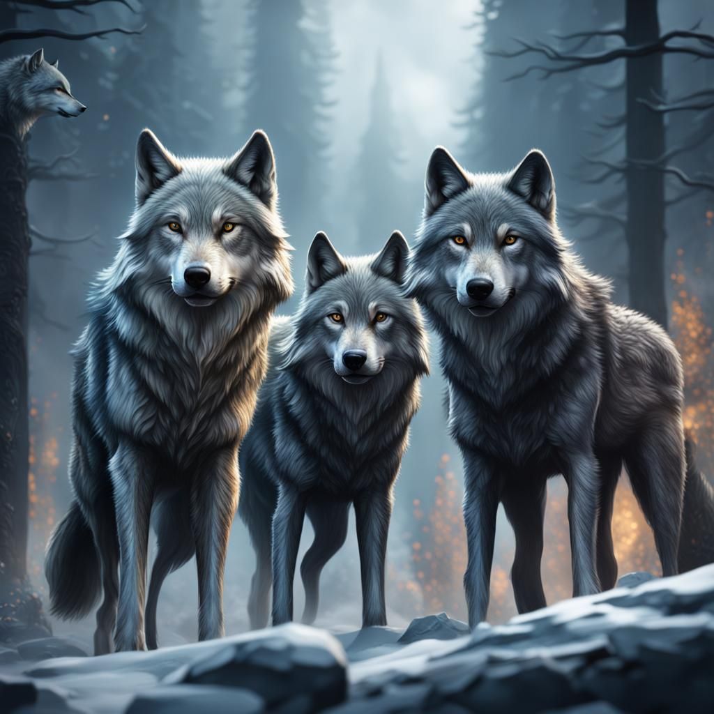 Three Gray Wolves in Detailed Matte Painting