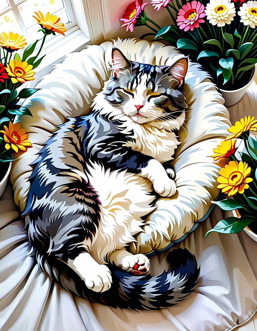 Peaceful Cat Napping Amongst Flowers, Expressionist Style