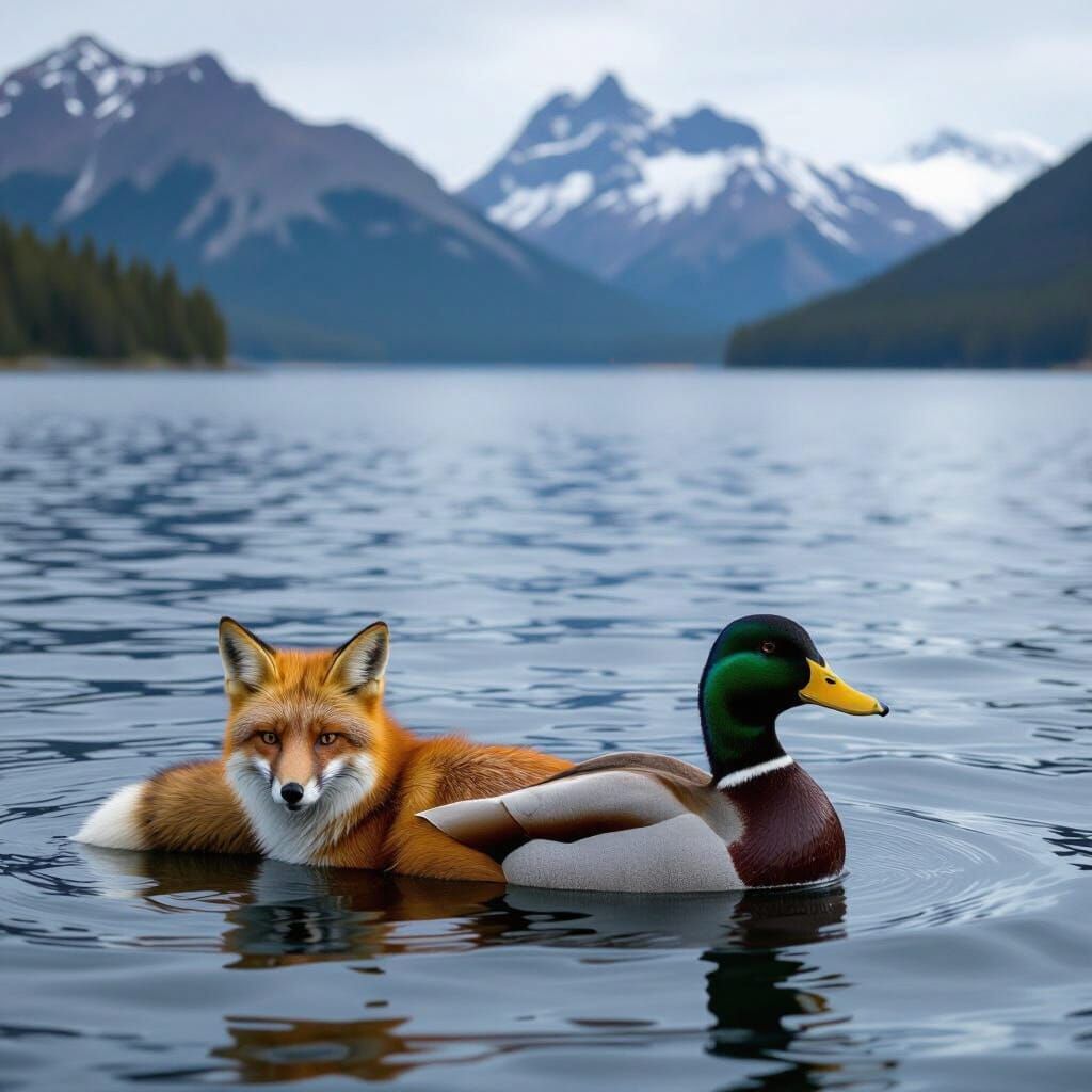 Fox-Duck Hybrid Floats on Vast Lake with Mountain Backdrop