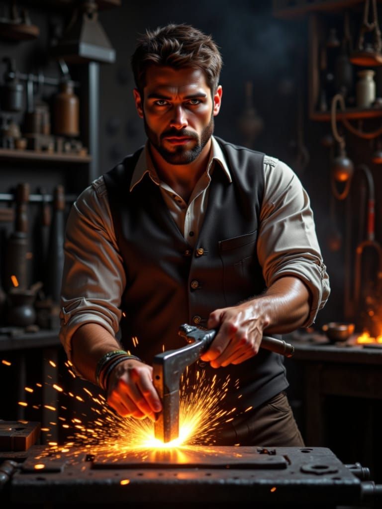 Blacksmith Forging Ethereal Sword in Dramatic Forge