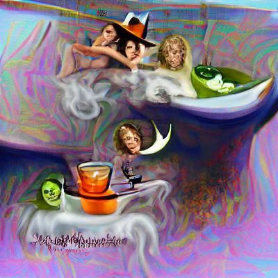 Witches Bathtub Party on Halloween Night, Digital Art