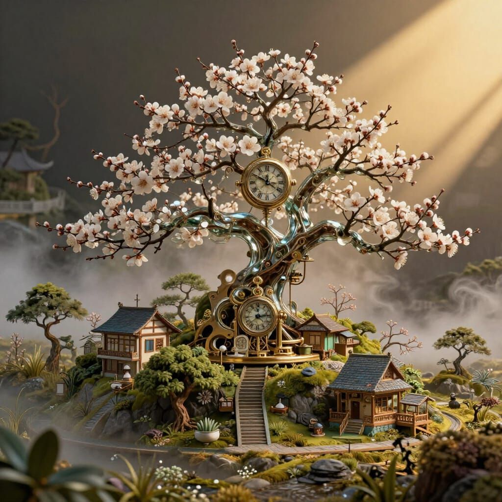 Clockpunk Crystal Bonsai Village in Golden Hour Light