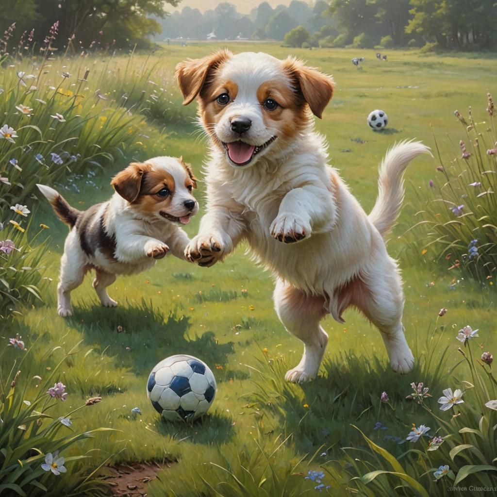 Puppies Play Soccer in Ethereal Oil Painting