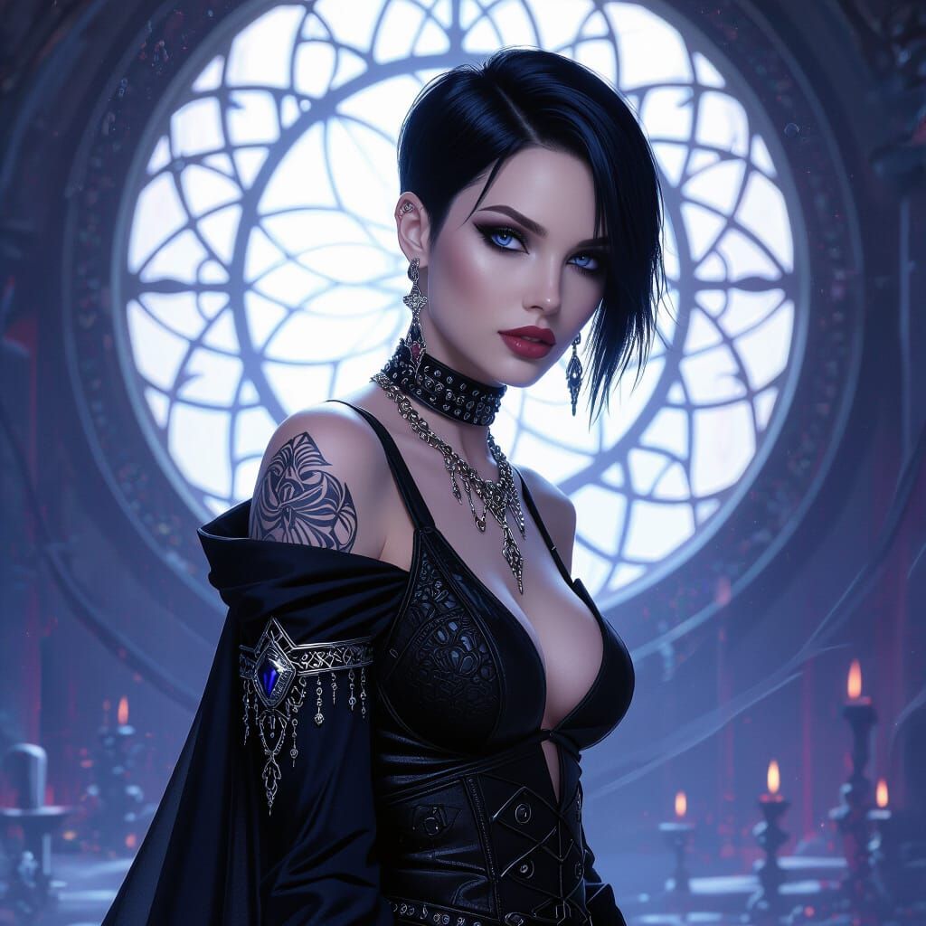 Gothic Woman Portrait with Sapphire Eyes in Cyberpunk Style