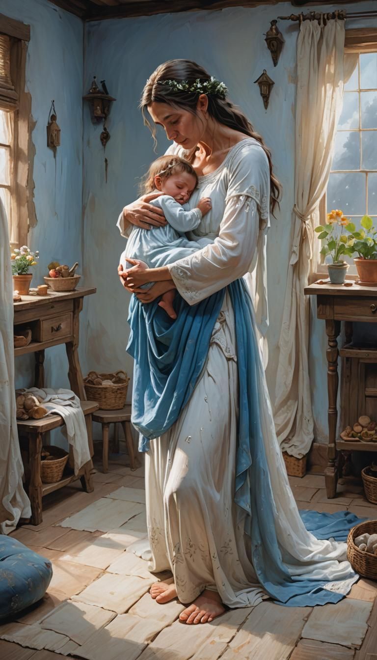 Heartwarming Elven Mother and Child in Cozy Room