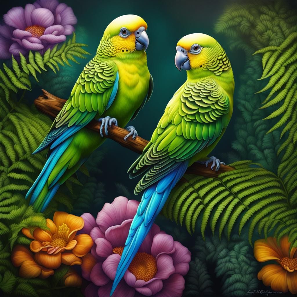 Parakeet Flowers and Ferns in Colorful Airbrush Art
