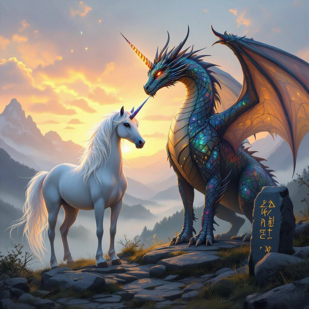 Unicorn and Dragon in Misty Valley at Dawn