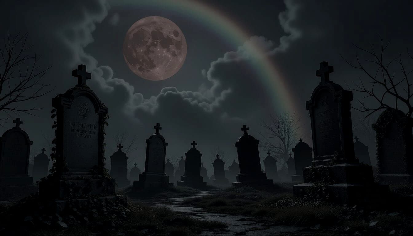 Creepy Graveyard Under Blood Moon and Rainbow
