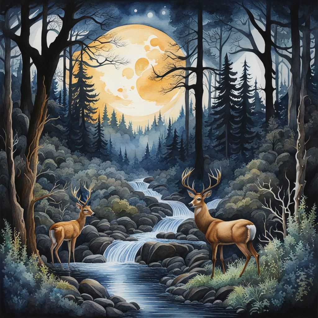 Fantasy Deer in Moonlight: Watercolor Painting