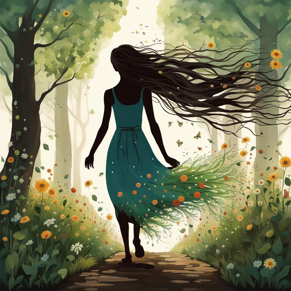 Nature Woman with Flowering Touch in Forest
