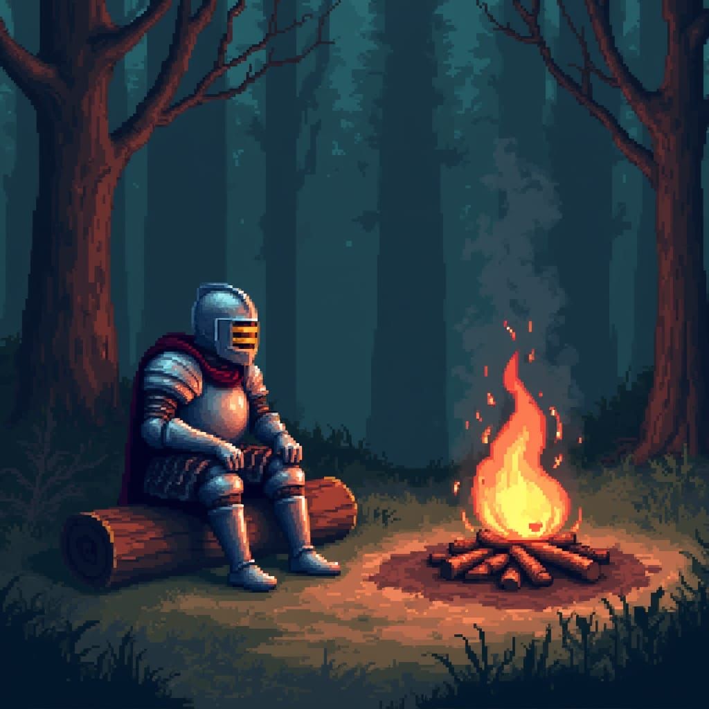 Pixelated Knight by Campfire in Forest