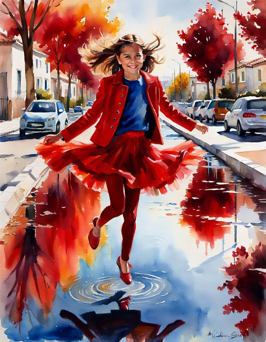 Girl in Red Jumping Puddle: Watercolor Painting