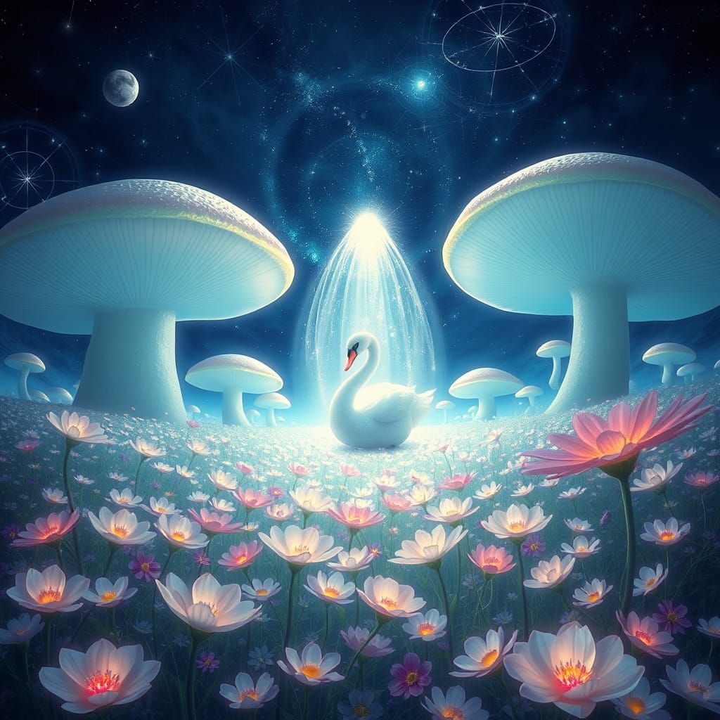 Bioluminescent Mushroom Landscape with Light Swan