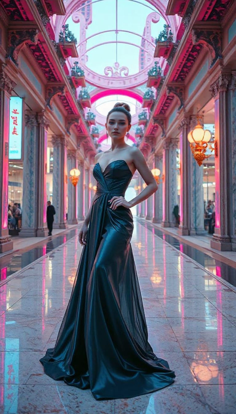 Elegant Woman in Surreal Futuristic Architecture