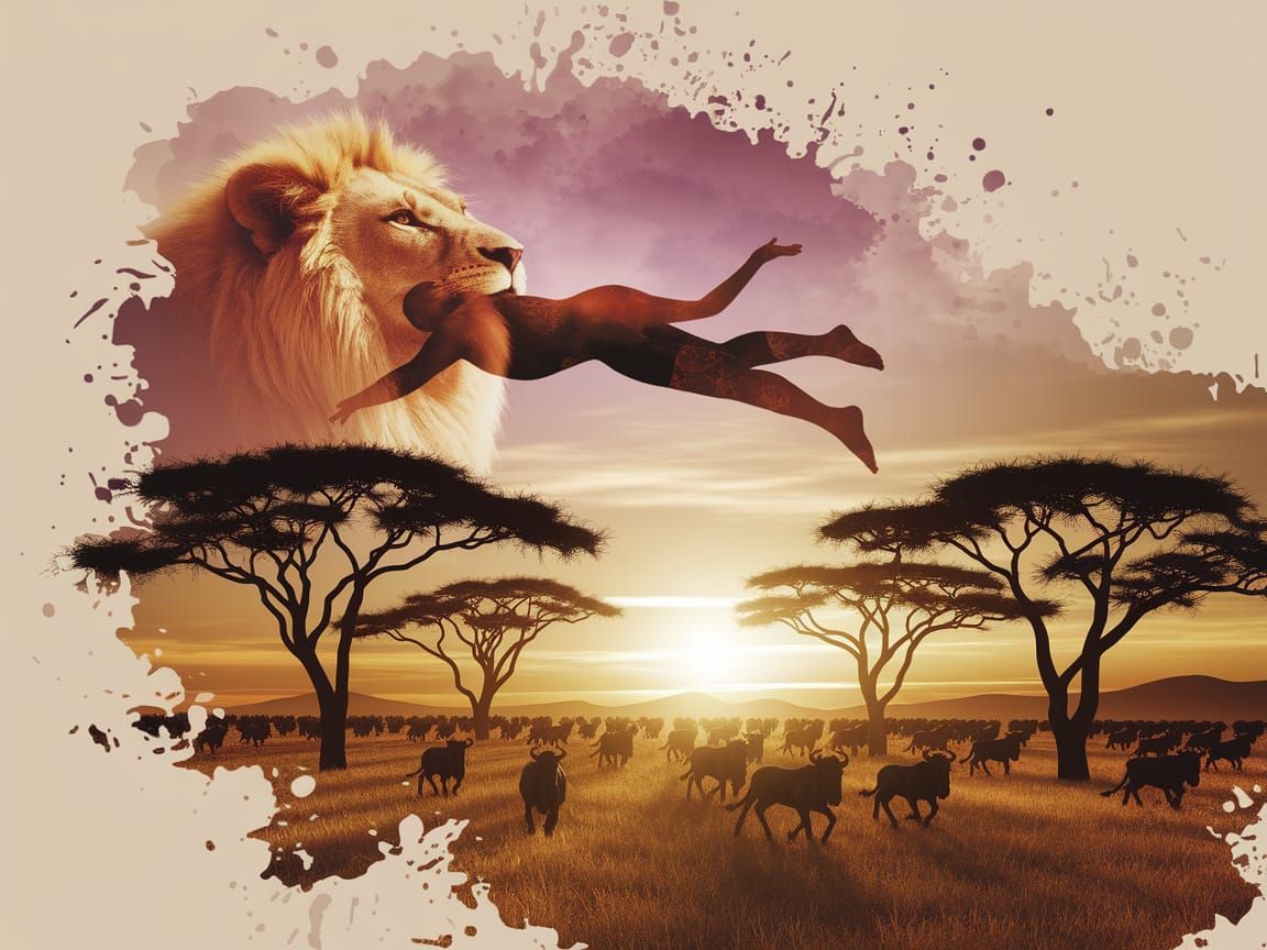 Double Exposure Lion Dreaming of Wildebeest (Not sure where the extra limbed swimmer came from!)