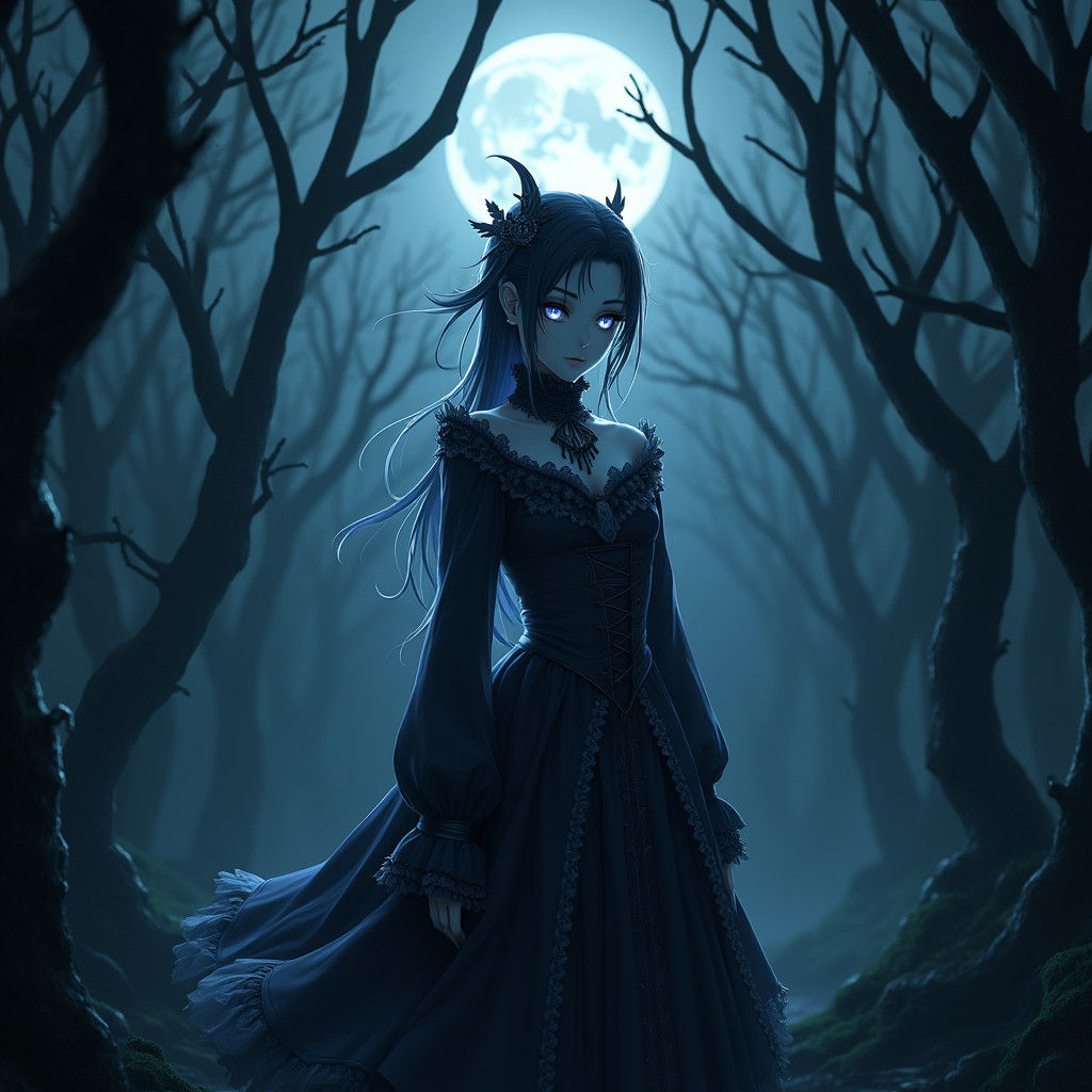 Mystical Transformation in Eerie Forest, Anime Style