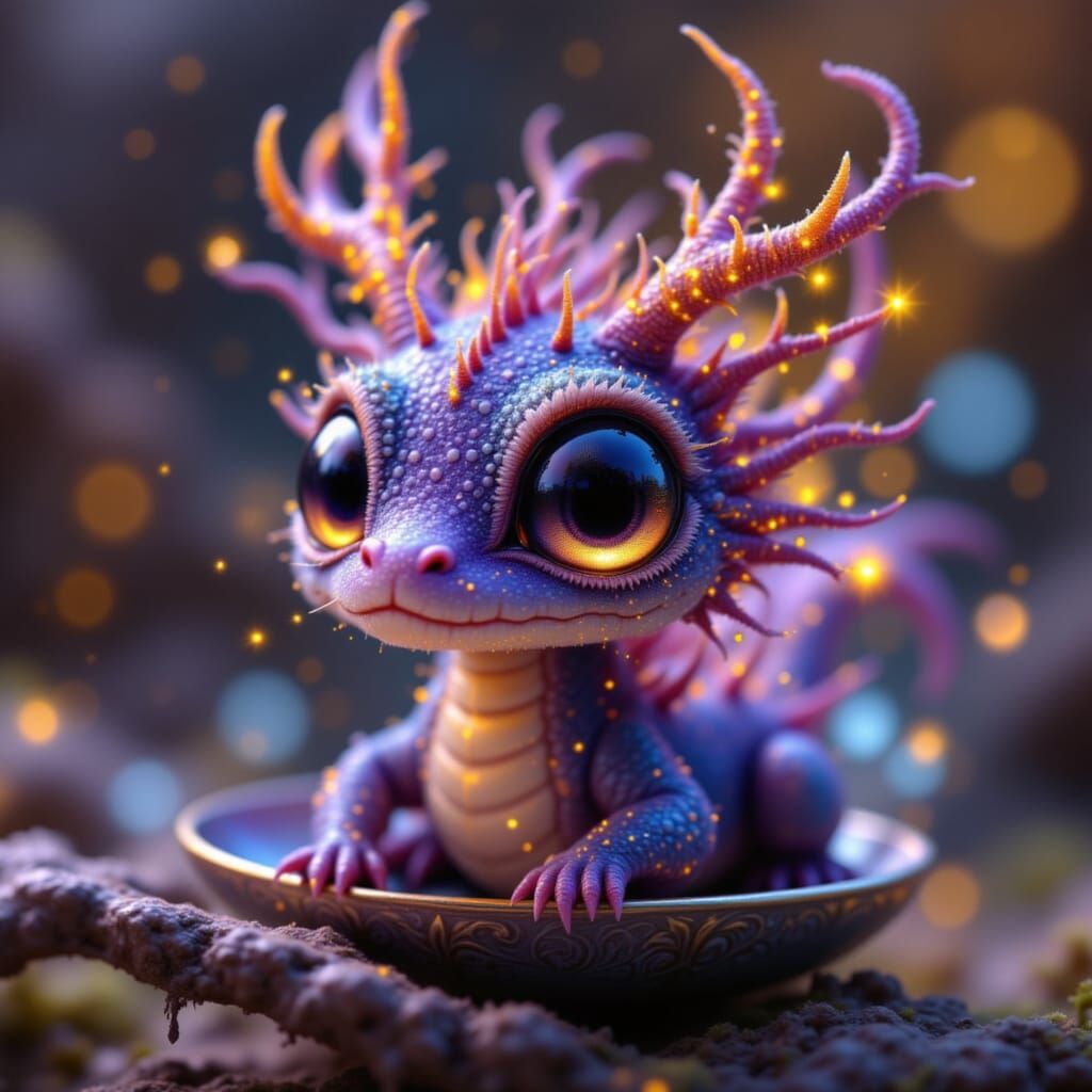 Miniature Dragon in Chrome Spoon, Vibrant Digital Art
