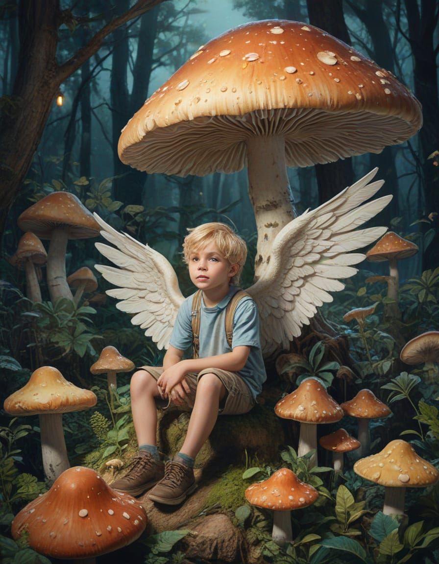 Child Angel in Bioluminescent Forest: Watercolor Painting