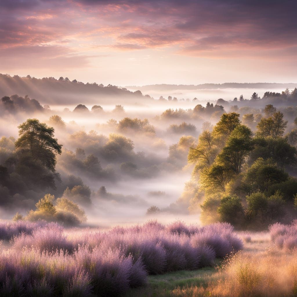 Lavender Hues of Morning Fog in a Forest Landscape