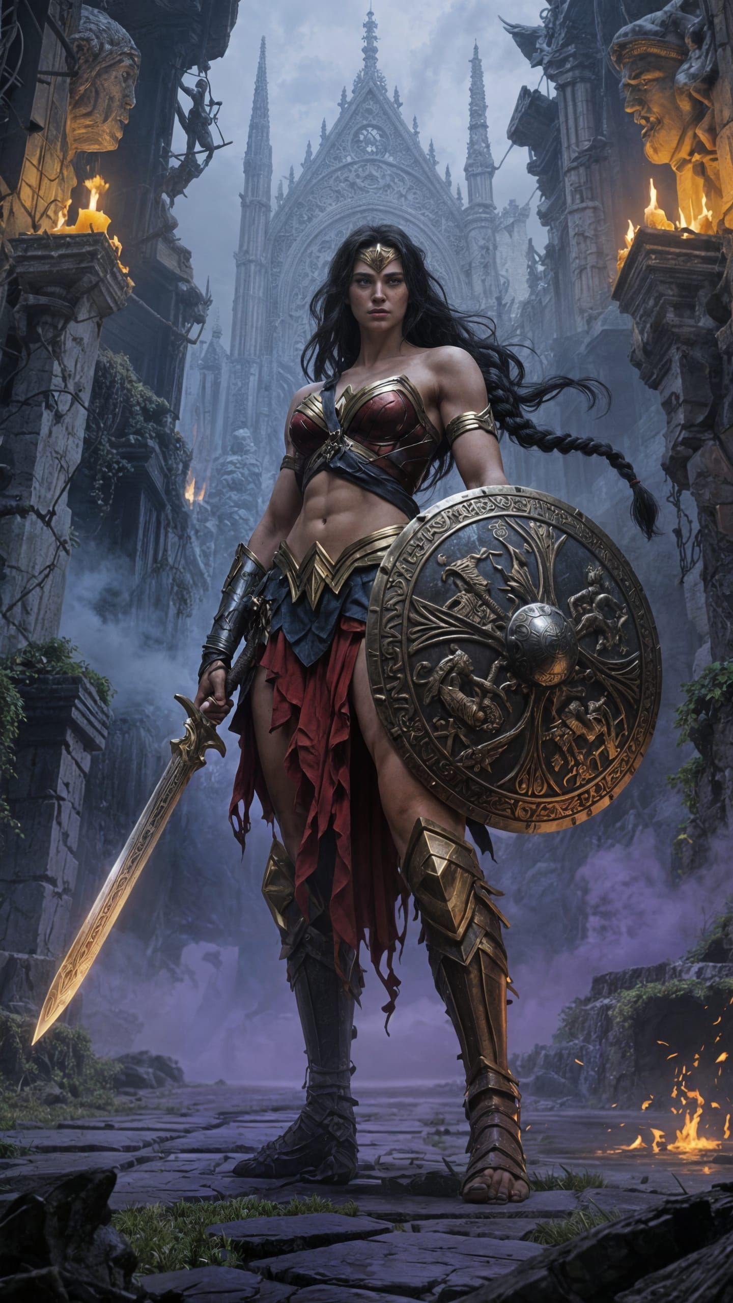 Amazon Warrior in Fog-Shrouded Cathedral Courtyard