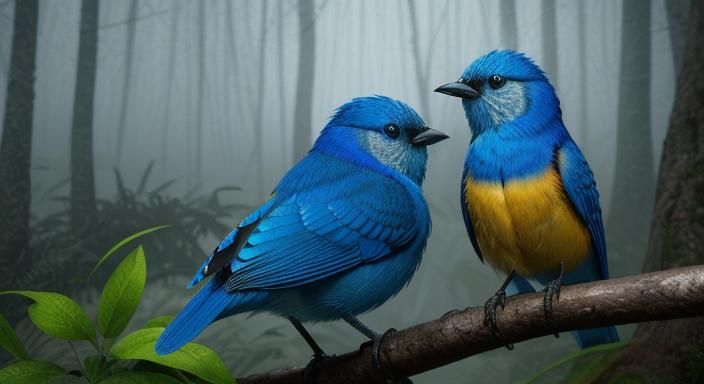 Bluebird Family Portrait in Rainy Forest, Art Nouveau