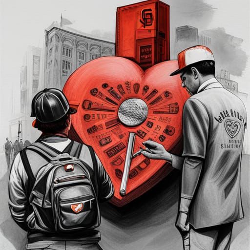 Giants Fan and Heart Statue in Pencil Sketch