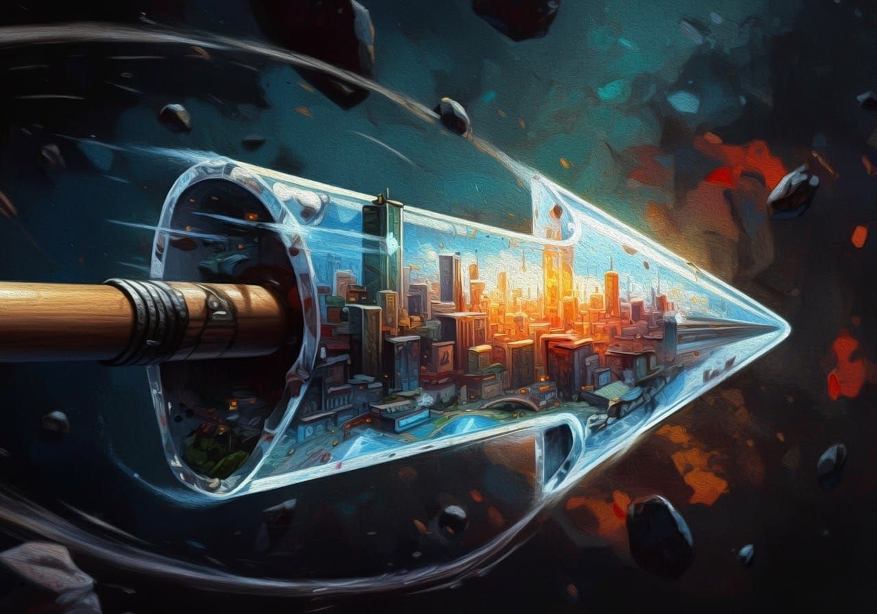 Miniature City Inside Arrow in Gouache Style