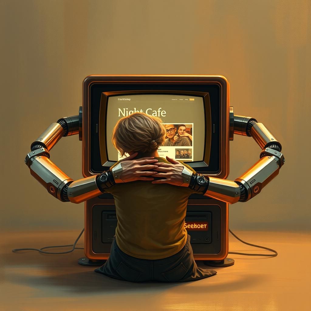 Futuristic Computer Hug in Retro-Futuristic Style