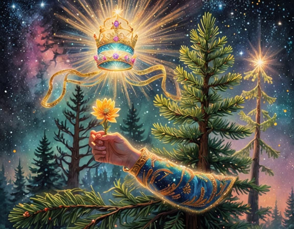 Cosmic Spruce Tree Hand Places Flower Under Tiara