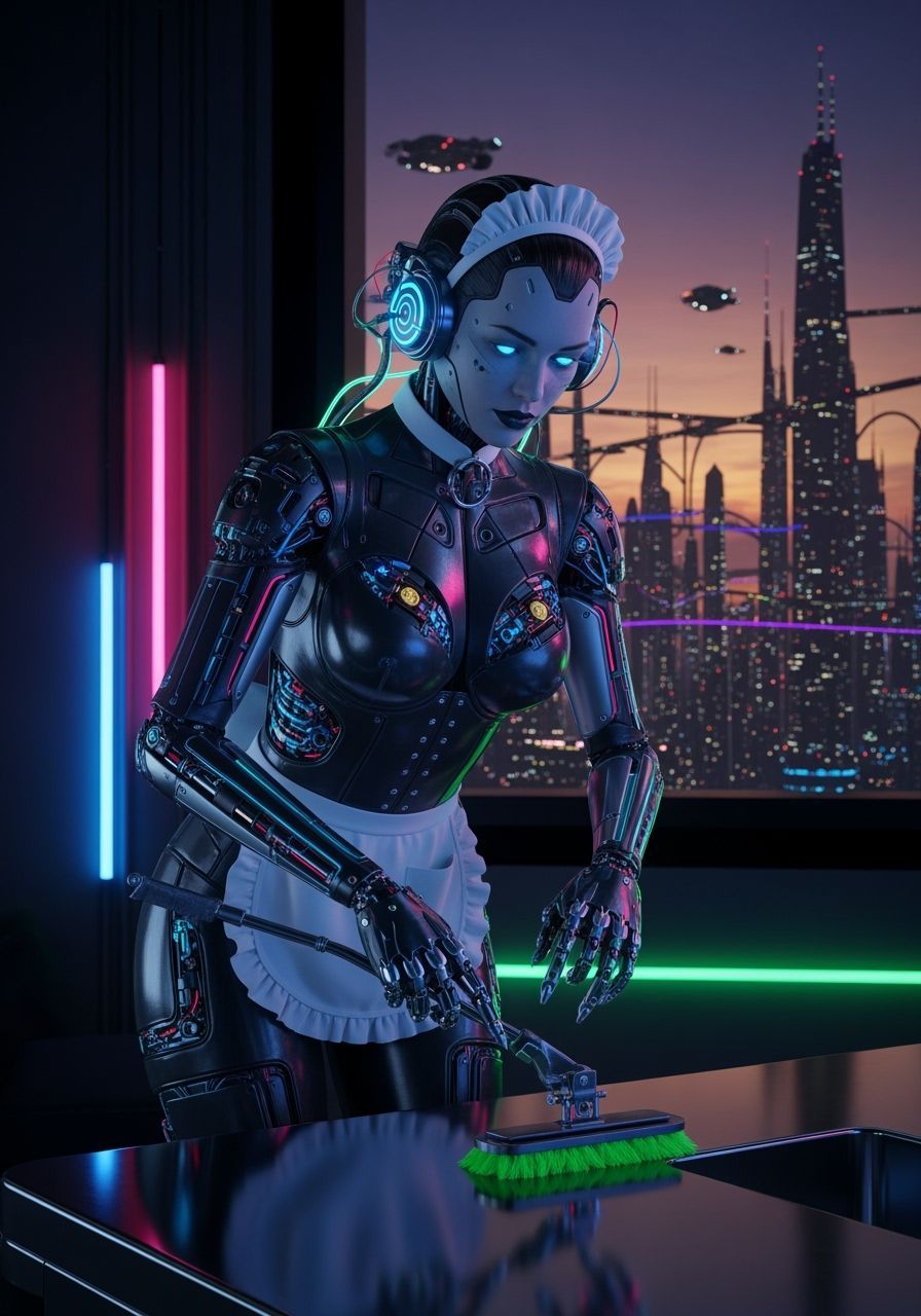Neon Cyborg Maid Dusting in Cyberpunk Cityscape