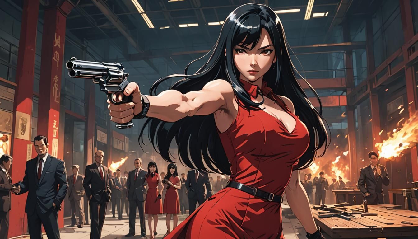 Anime Lady in Red Dress Fires Revolver