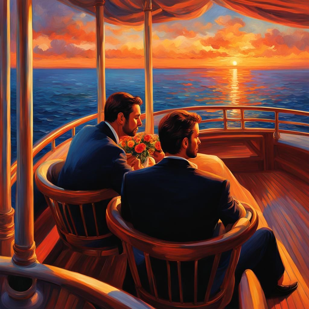 Romantic Sunset Scene on Yacht, Hyperdetailed Art