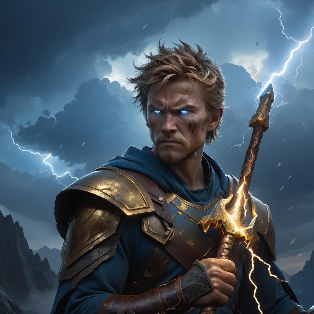 Warrior Wields Hammer Atop Mountain in Stormy Sky