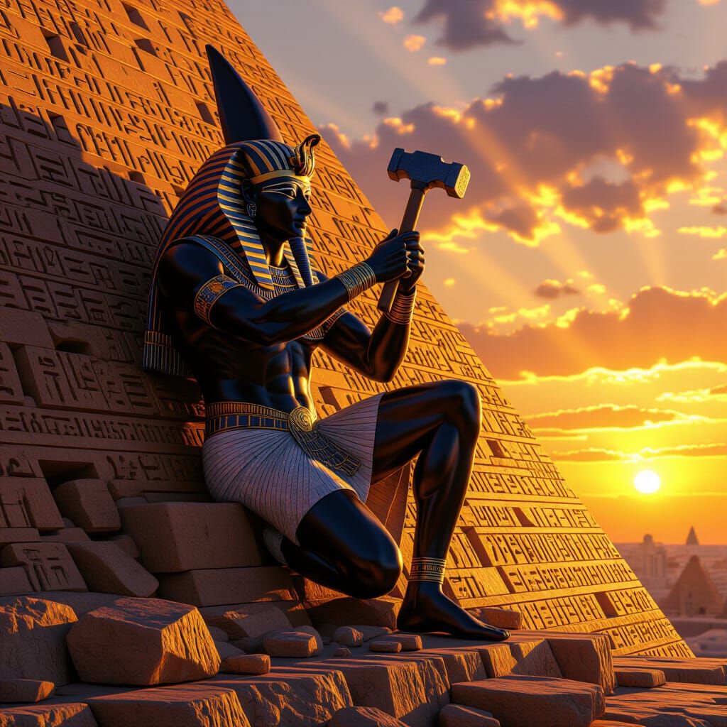 An Egyptian god busy writhing with a hammer and chisel (1000...