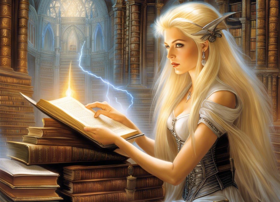 Blond Witch Studying in a Magic Library