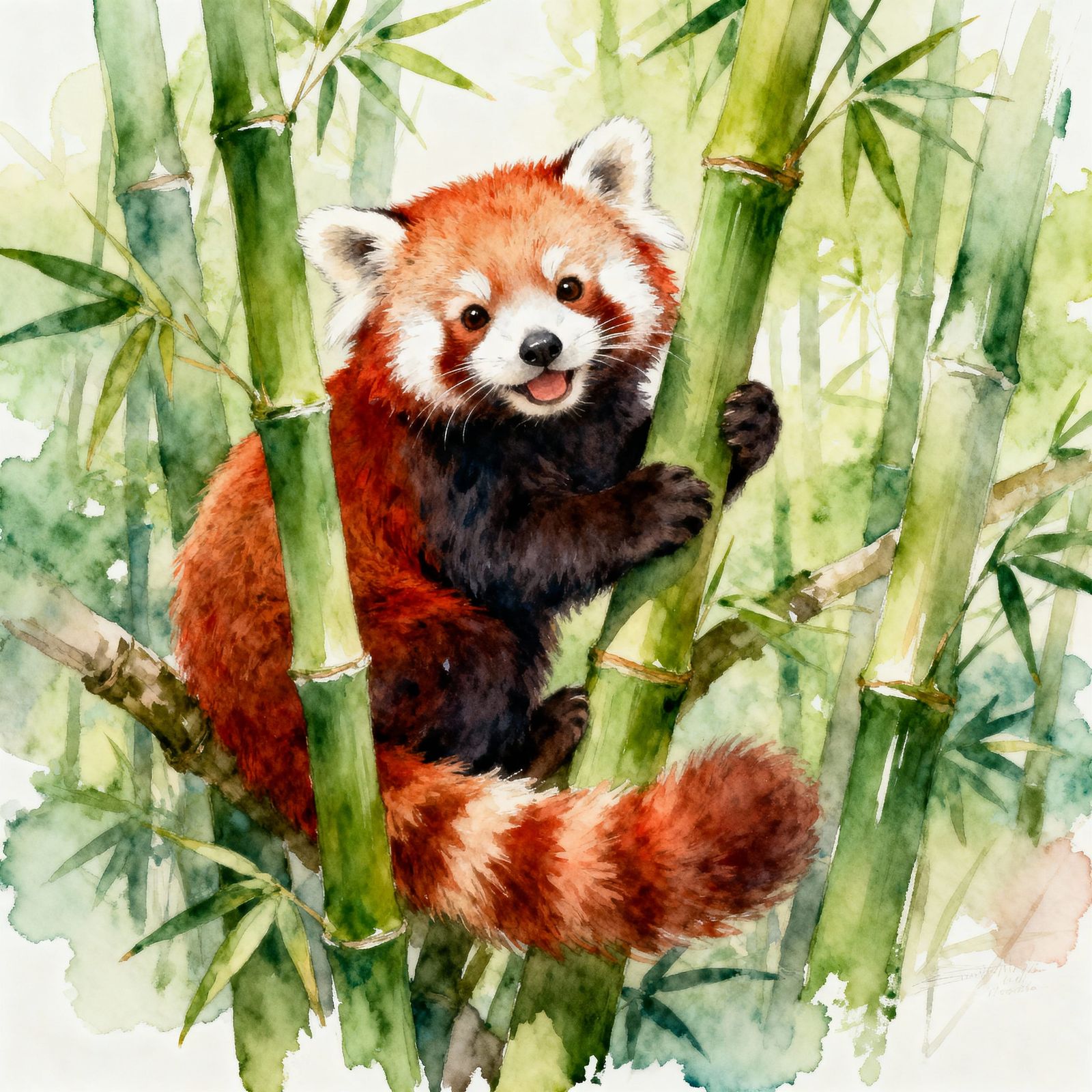 Cute Red Panda in Lush Bamboo Forest Watercolor Style