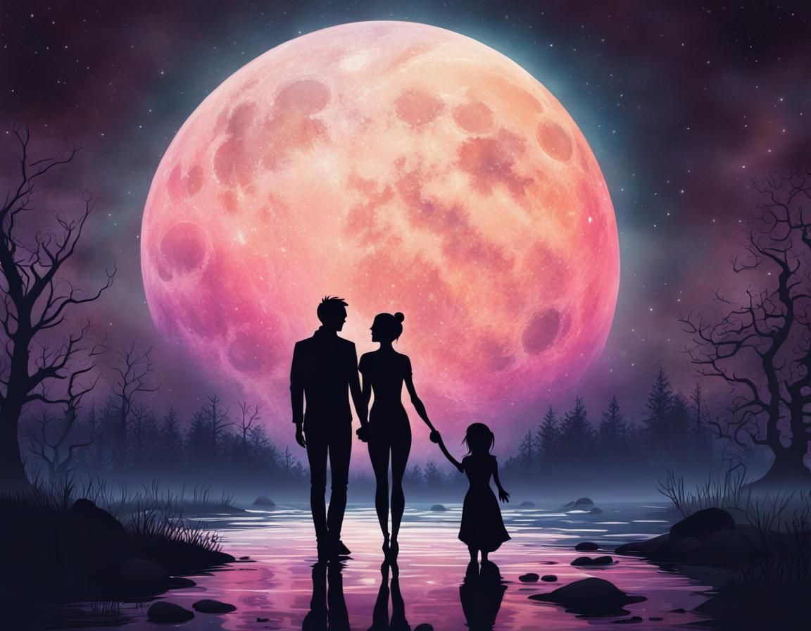 Pastel Acrylic Painting of Couple Under Moon