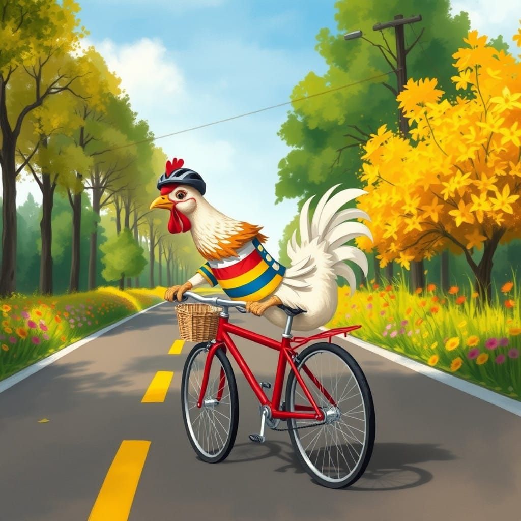 A Whimsical Chicken on a Sunny Countryside Bike Ride