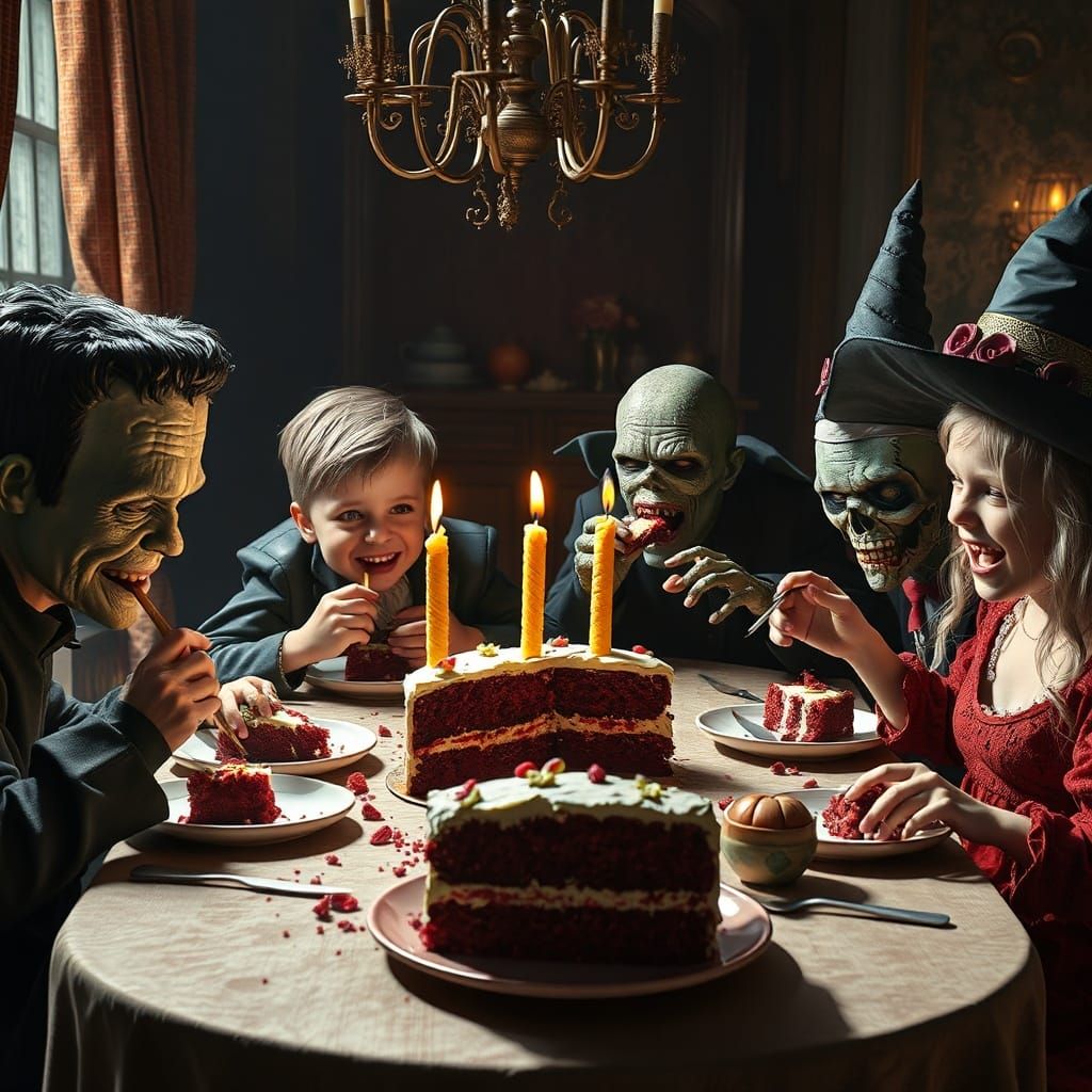 Monstrous Feast: Children Enjoy Cake in Epic Digital Matte P...