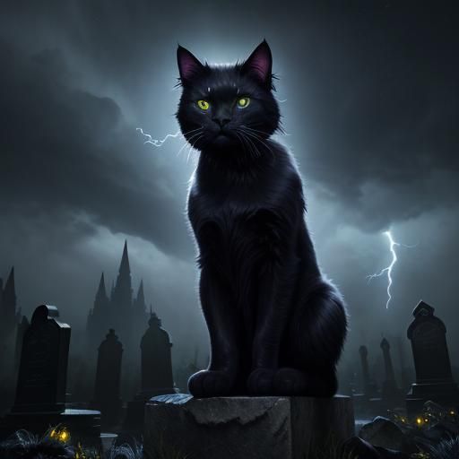 Horrifying Black Cat with Violet Eyes: Dark Fantasy Art