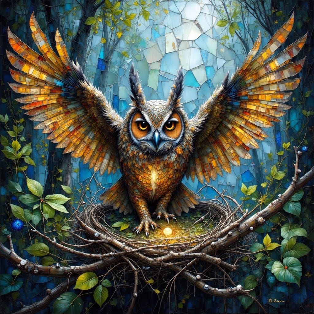 Stained-Glass Winged Owl Landing on Nest