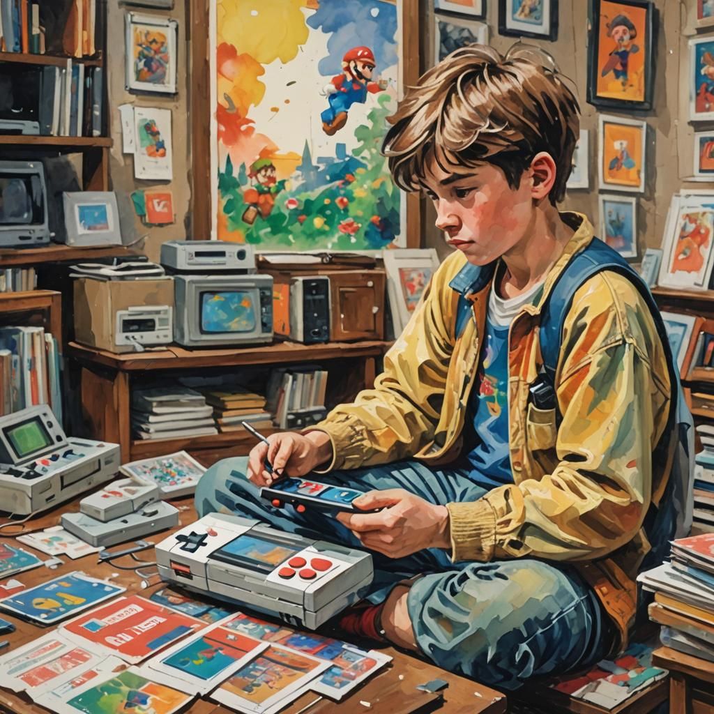 1990s Boy Playing Nintendo in Gouache Style