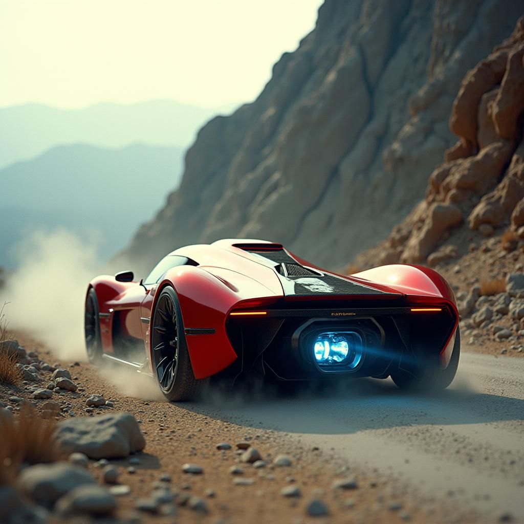 A rear-view shot of a futuristic racecar powered by a VASIMR...