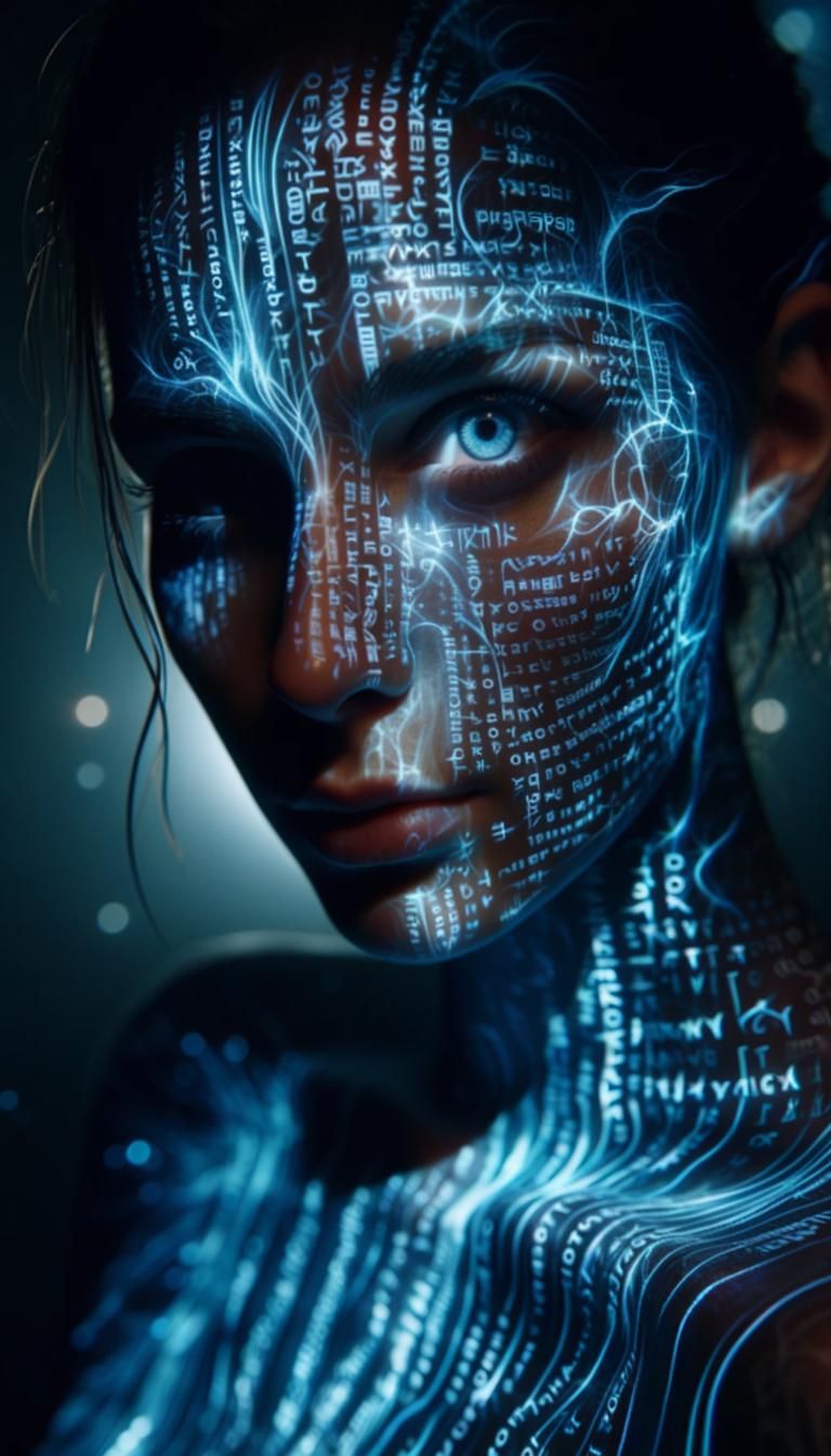 Contemplative Face Illuminated by Cybernetic Script