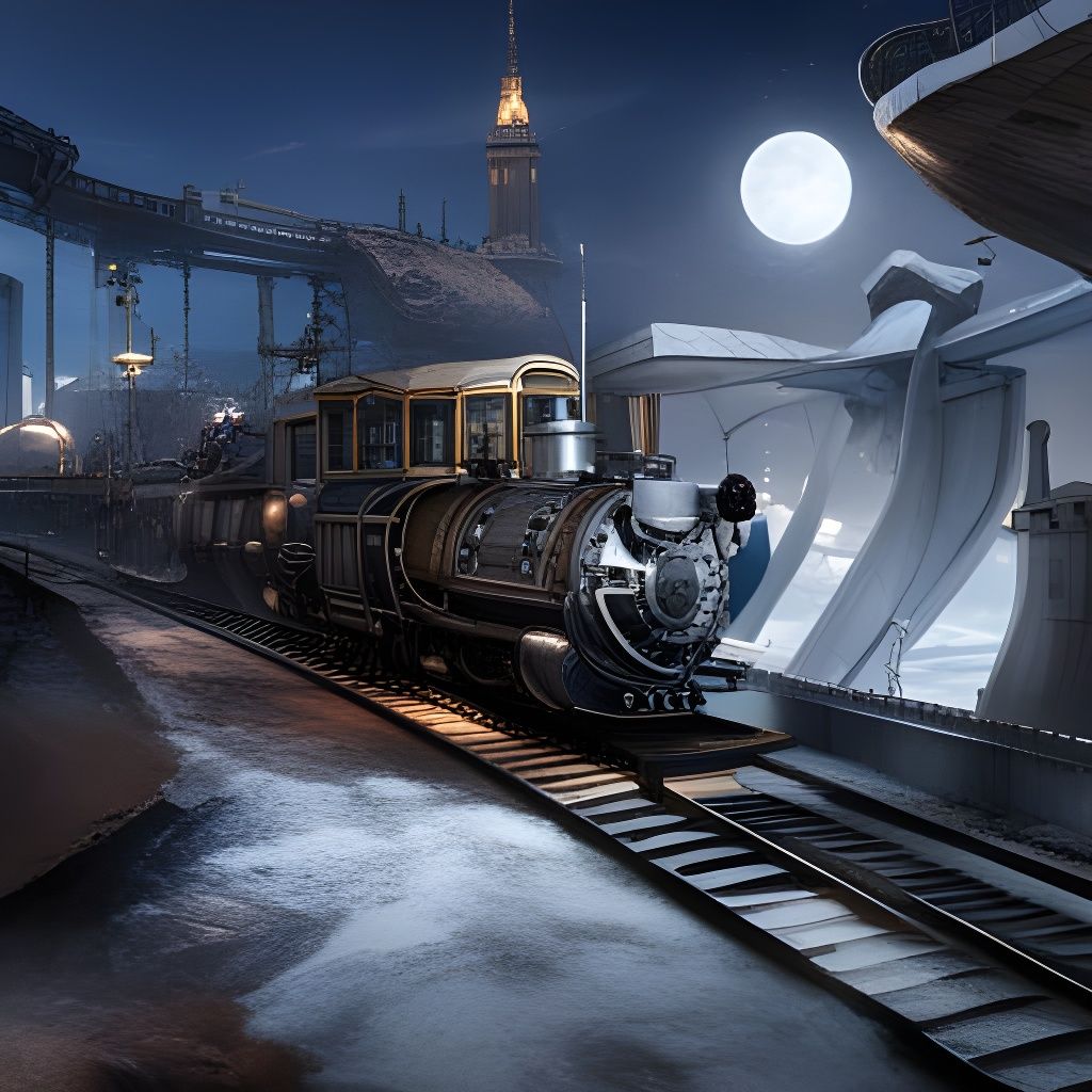 Steampunk Train in Futuristic Cityscape