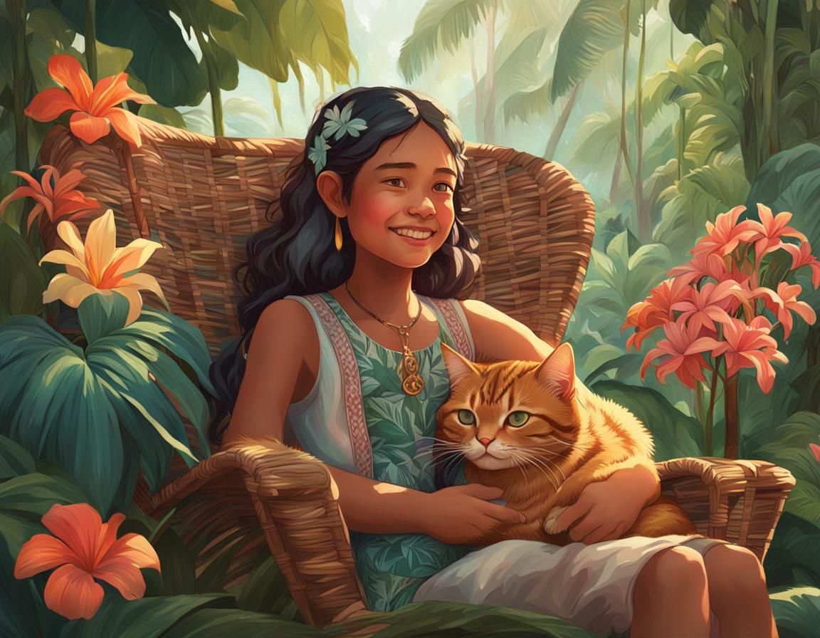 Polynesian Girl and Cat in Jungle, Miyazaki Style