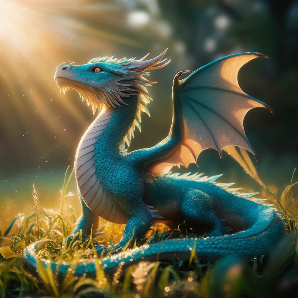 Portrait of an adorable mythical beautiful turquoise dragon ...